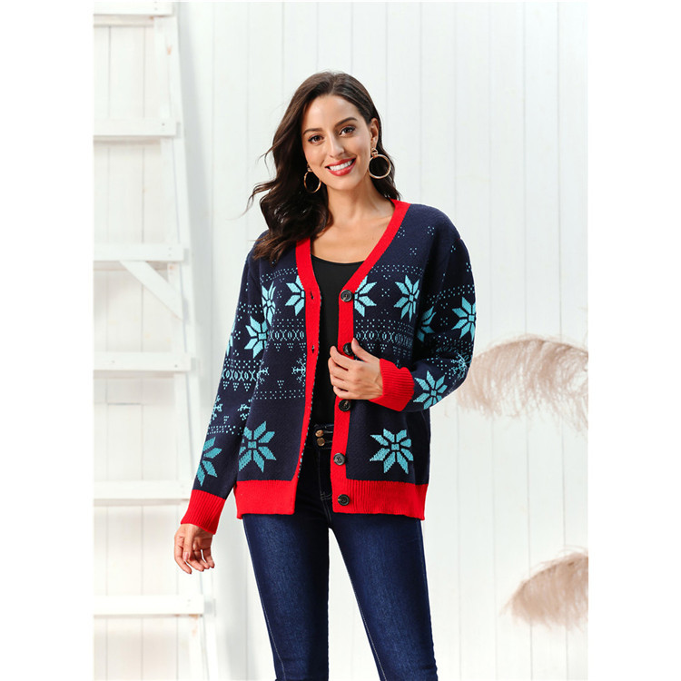 Cardigan Christmas Snowflake Sweater Printed V-neck Long Sleeve Single-breasted Top