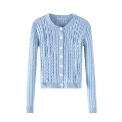 Retro Twist Knitted Cardigan Sweater Single-breasted Casual Coat - Blue - View 1