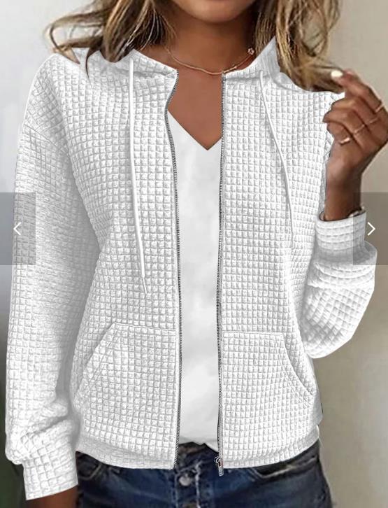 Womens Solid Color Hooded Zip Up Loose Long Sleeve Jacquard Sweatshirt
