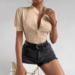 European And American Lace Patchwork Stand-up Collar Women's Top - Khaki - View 1