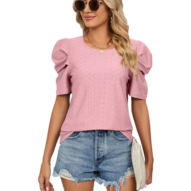 New Solid Color Round Neck Pleated Oversleeves Loose fitting T shirt Top Women Pink - Shop at LoveMi