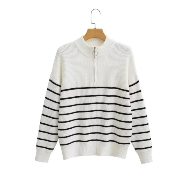 Women's Zipper Striped Sweater Contrast Color White - Shop at LoveMi