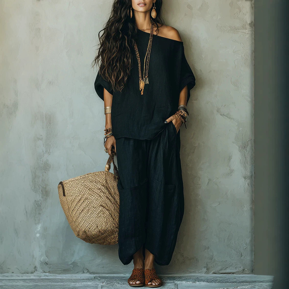 Simple Off-shoulder Top And Wide-leg Pants Set