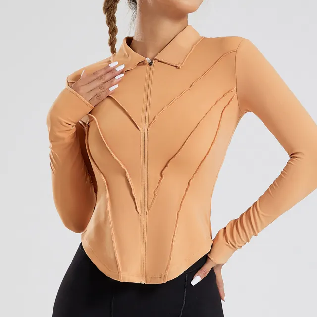 Lapel Yoga Clothes Long Sleeve Women's Zipper Jacket Amber Orange - Shop at LoveMi