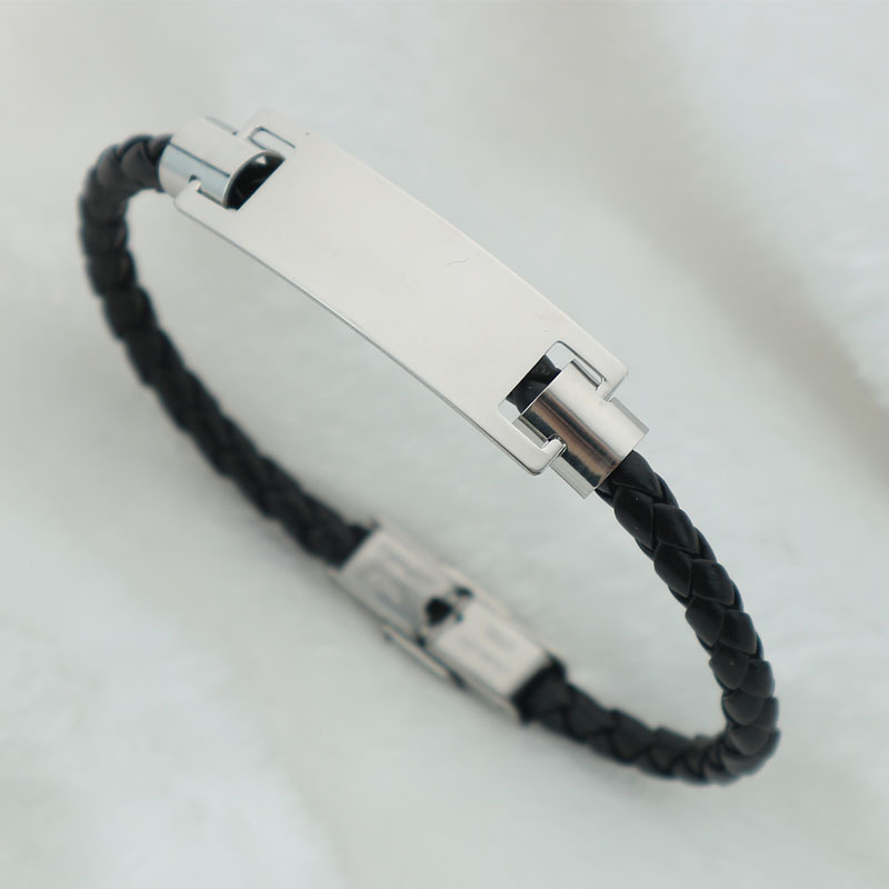 Woven Leather String Niche Design DIY Glossy Can Carve Writing Stainless Steel Bracelet