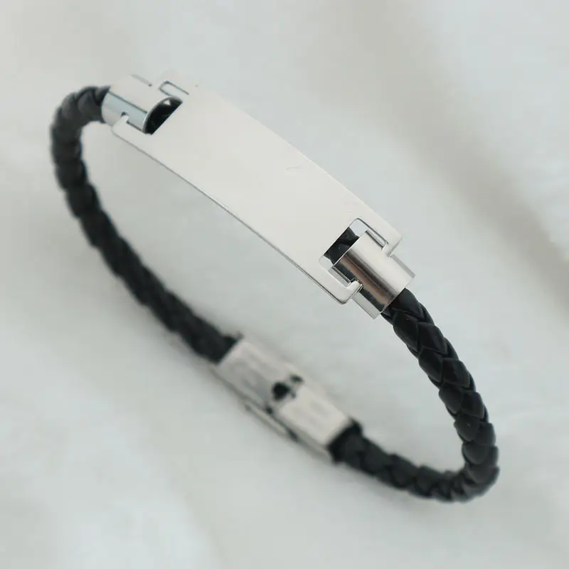 Woven Leather String Niche Design DIY Glossy Can Carve Writing Stainless Steel Bracelet