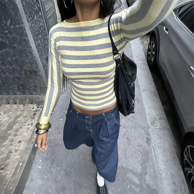 Striped Square-neck Long-sleeve T-shirt Women's Slim-fit Top - Grey