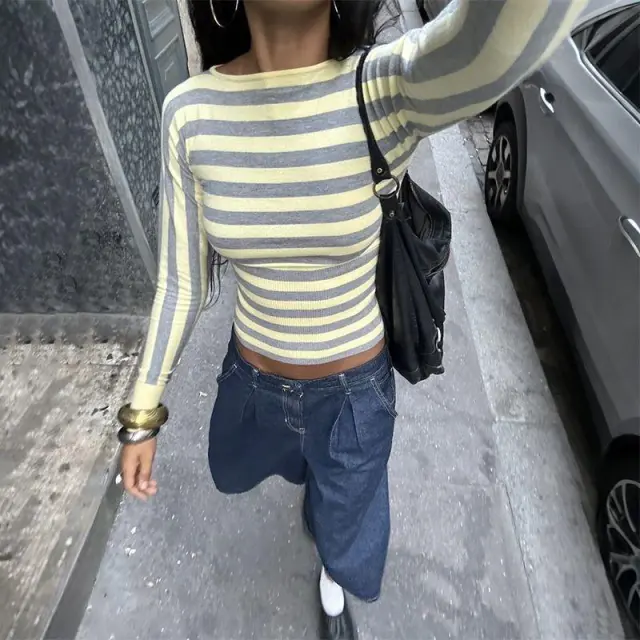 Striped Square neck Long sleeve T shirt Women's Slim fit Top Gray - Shop at LoveMi