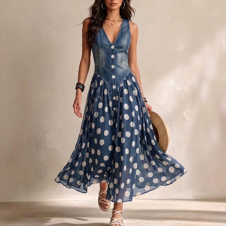 Casual Printed Denim-look Top With A Polka-dot Dress