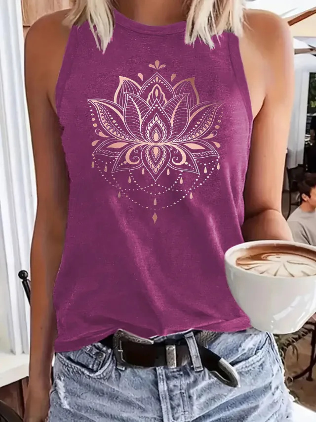 Versatile, Comfortable Soft Tank Top With A Lotus Print Tan - Shop at LoveMi