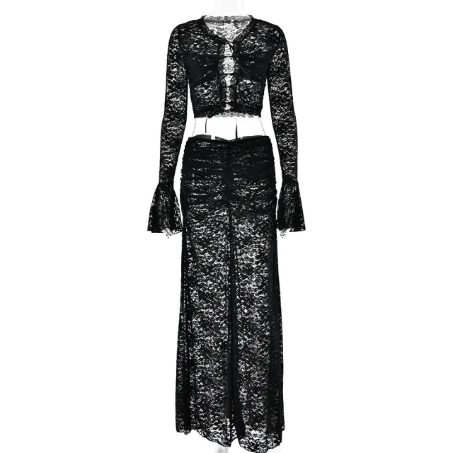 Lace See through Sexy Lace up High Waist Skirt Suit Two piece Set Black - Shop at LoveMi