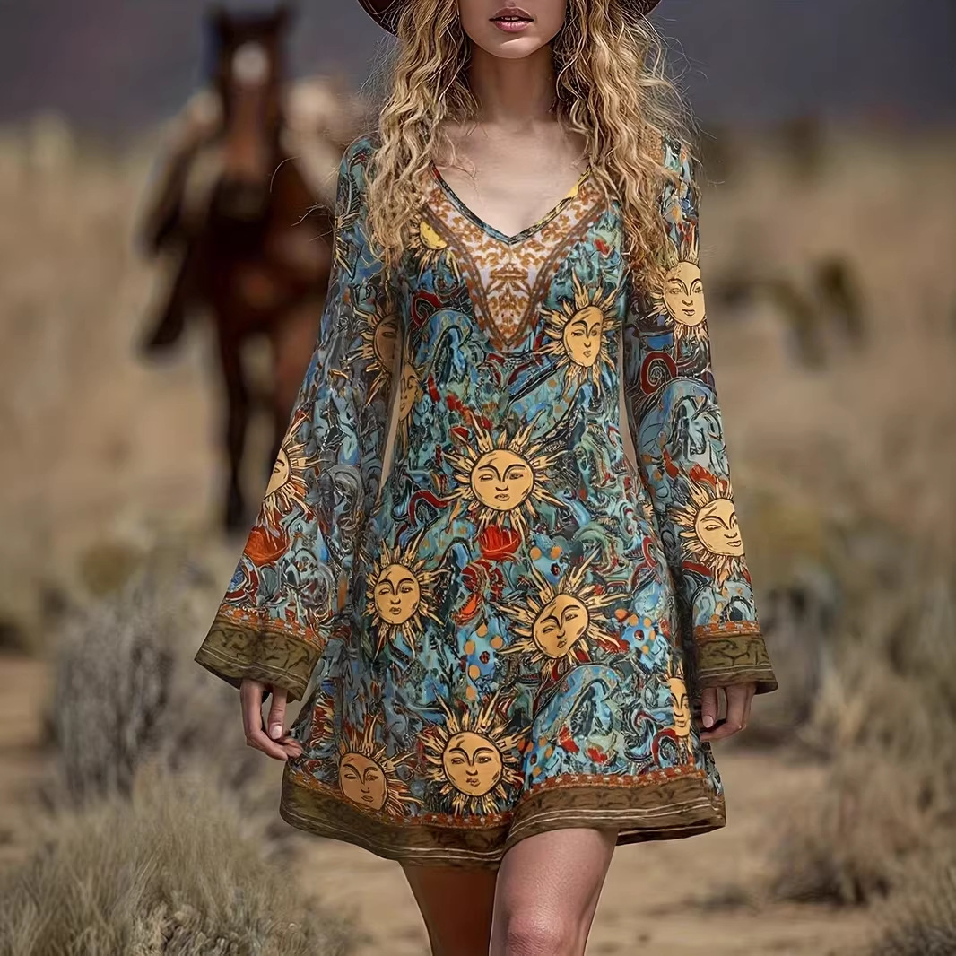 Spring Autumn Cinched-waist Floral A-line Dress