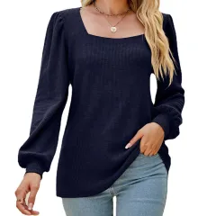 Women's U-neck Pleated Puff Sleeve Top Loose Casual Solid Colour T-shirt - Blue - View 1