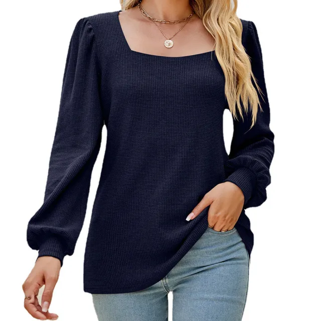 Women's U neck Pleated Puff Sleeve Top Loose Casual Solid Color T shirt Blue - Shop at LoveMi