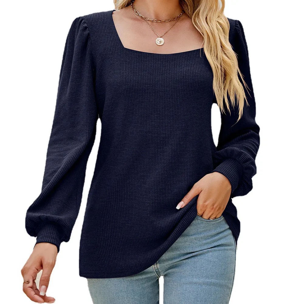 Women's U-neck Pleated Puff Sleeve Top Loose Casual Solid Color T-shirt - Blue