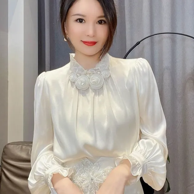 Flower Satin Design Versatile Casual Shirt White - Shop at LoveMi