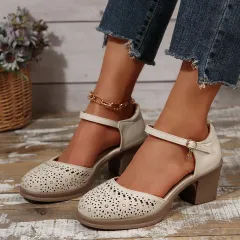 New Retro Easy Matching Hollow Out Mid Heel Toe Box Ankle-strap Buckle Pumps Women - Beige - View 1
