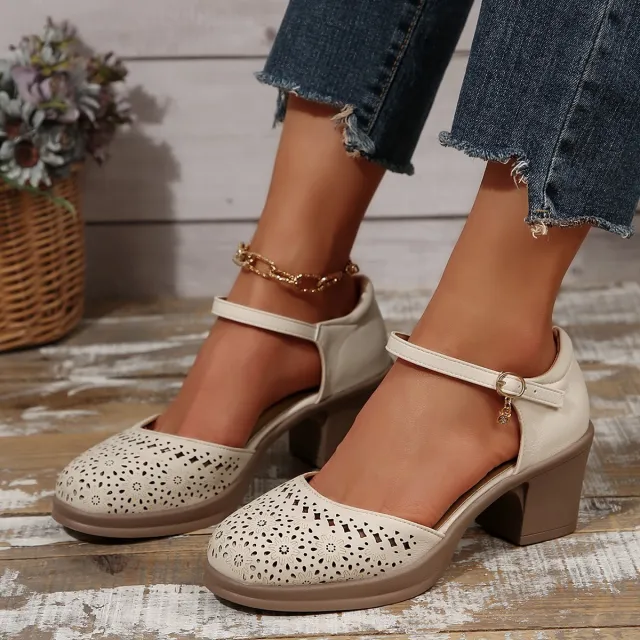 New Retro Easy Matching Hollow Out Mid Heel Toe Box Ankle strap Buckle Pumps Women Beige - Shop at LoveMi