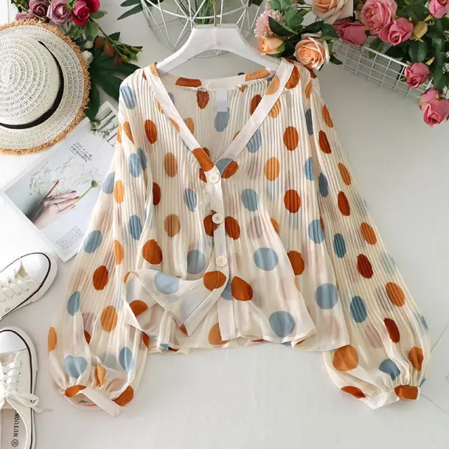 V neck Pleated Polka Dot Sun Protection Shirt For Women Apricot - Shop at LoveMi