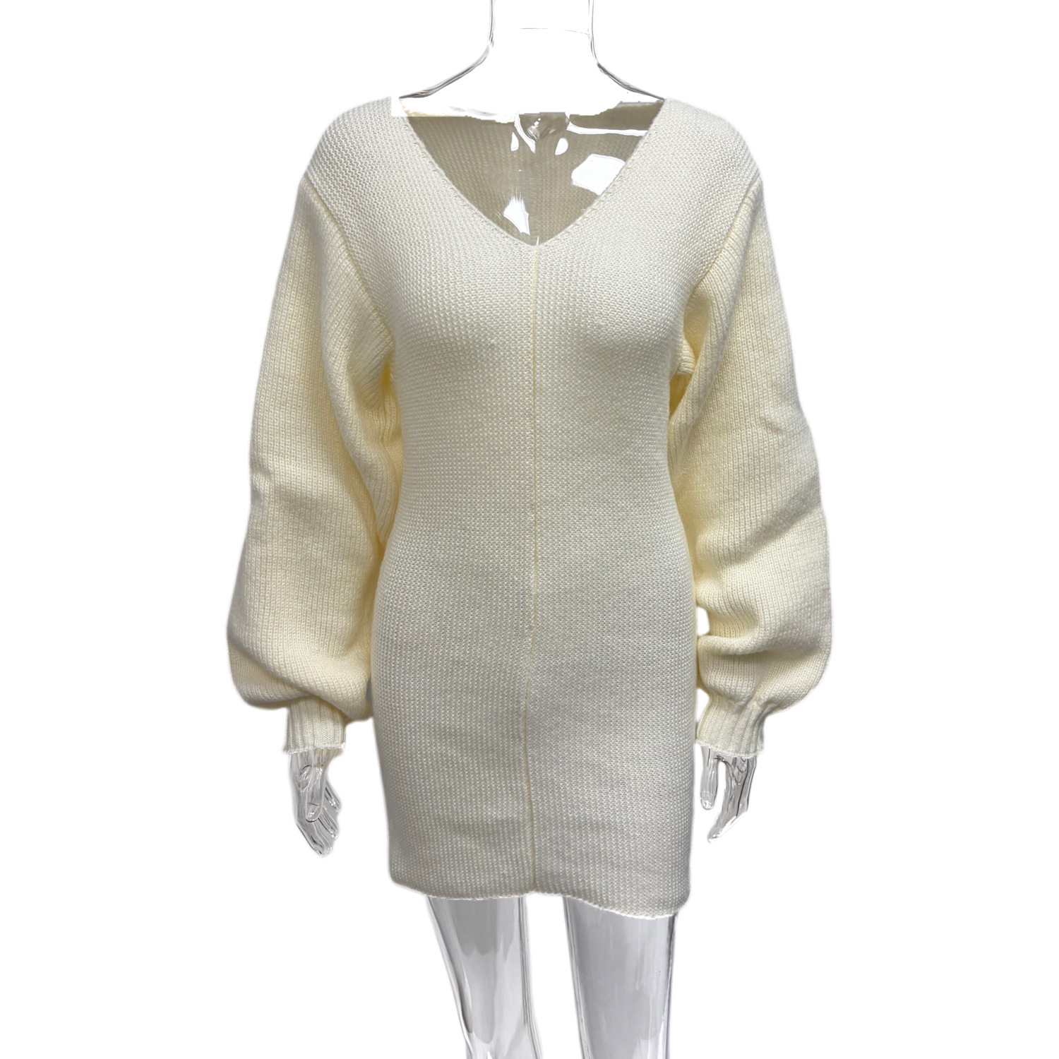 Long Sleeved Peach Neckline Bodycon Knit Dress Apricot Beige - Shop at LoveMi