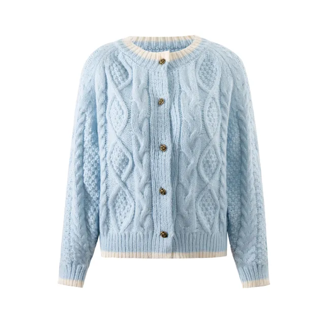 Women's American style Casual Sweater Round Neck Knitted Cardigan Blue - Shop at LoveMi