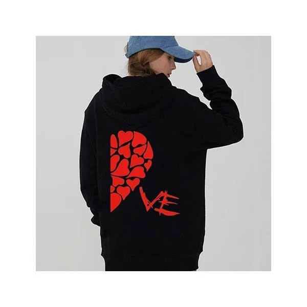 Heart Printing Large Version Thread Drop shoulder Sleeve Loose Sweater Black Female - Shop at LoveMi