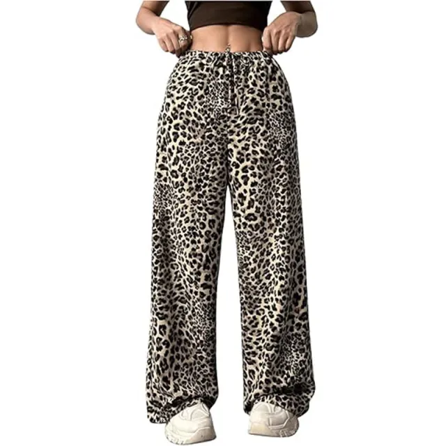 Women's Casual Leopard Print High Waisted Wide Leg Pants Elegant Drawstring Loose Long Trousers Apricot Brown - Shop at LoveMi