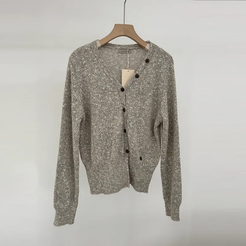 Women's Polyester Knitted V-neck Cardigan Sweater - Oatmeal Color