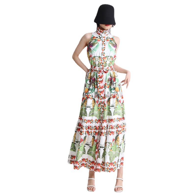 Summer New Stand Collar Sleeveless Lace-up Waist Dress For Women