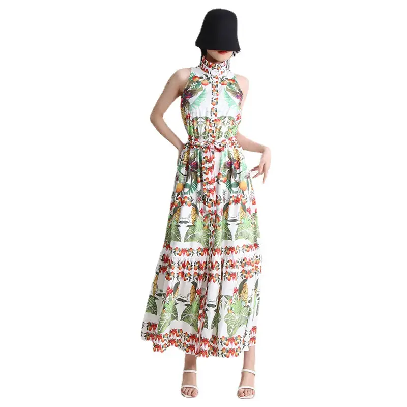 Summer New Stand Collar Sleeveless Lace-up Waist Dress For Women