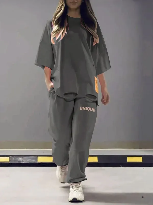 Loose Hollow Crew Neck T shirt Top Pants Suit Two piece Set Grey - Shop at LoveMi