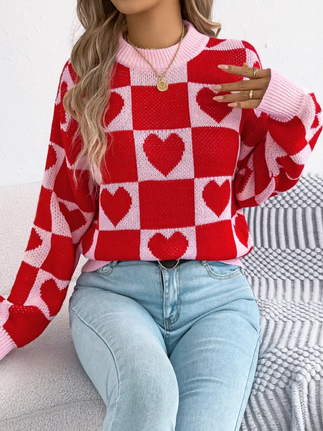 Women's Love Plaid Lantern Long Sleeve Pullover Sweater Red - Shop at LoveMi