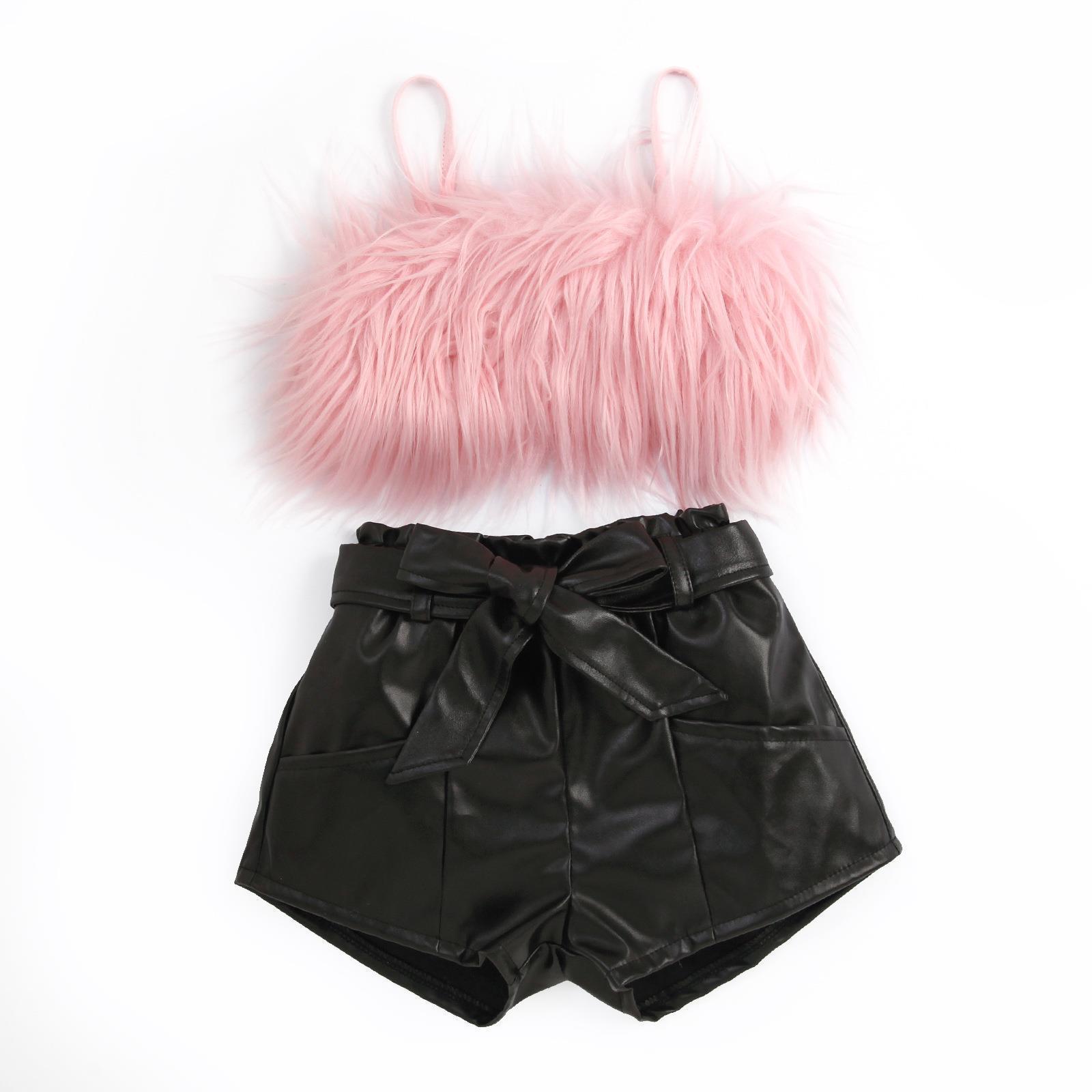Furry Sling Top Solid Color Open Bag Leather Pants Suit With Belt