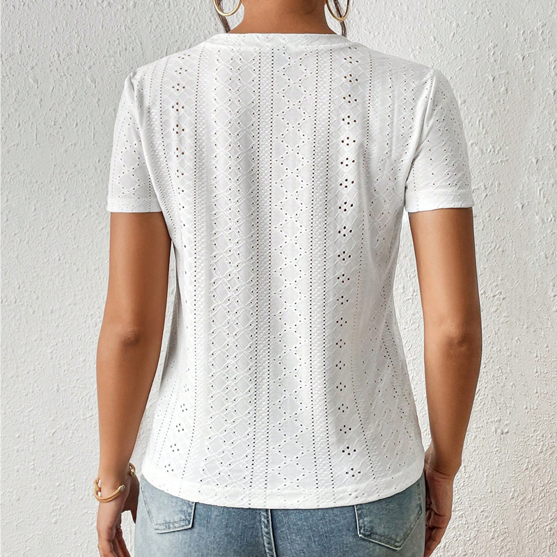 Women's Fashion Solid Color Short Sleeve Hollow T-shirt