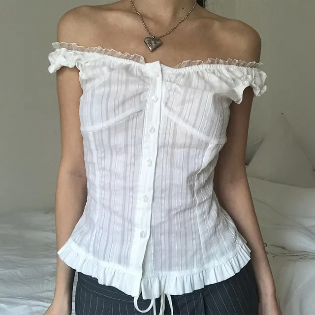 T shirt Stitching Breasted Waist Slimming Temperament Top Women's Clothing White - Shop at LoveMi