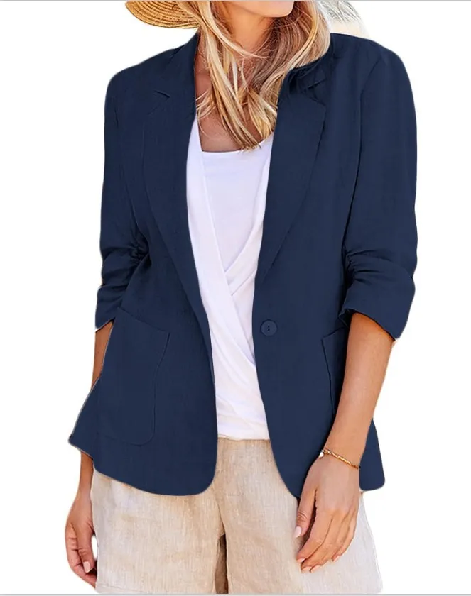 Solid Color Suit Collar Single-breasted Suit - Dark Blue