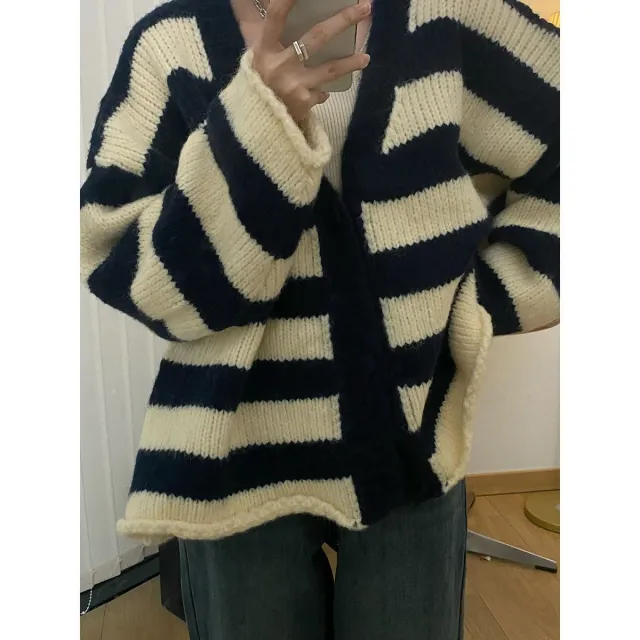 Plus Size Thick Needle Striped Sweater Cardigan Dark Blue - Shop at LoveMi