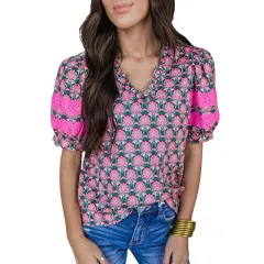 Women's Floral Printed V-neck Short-sleeved T-shirt - Red - View 1