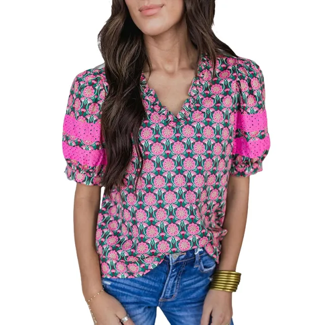 Women's Floral Printed V neck Short sleeved T shirt Red - Shop at LoveMi