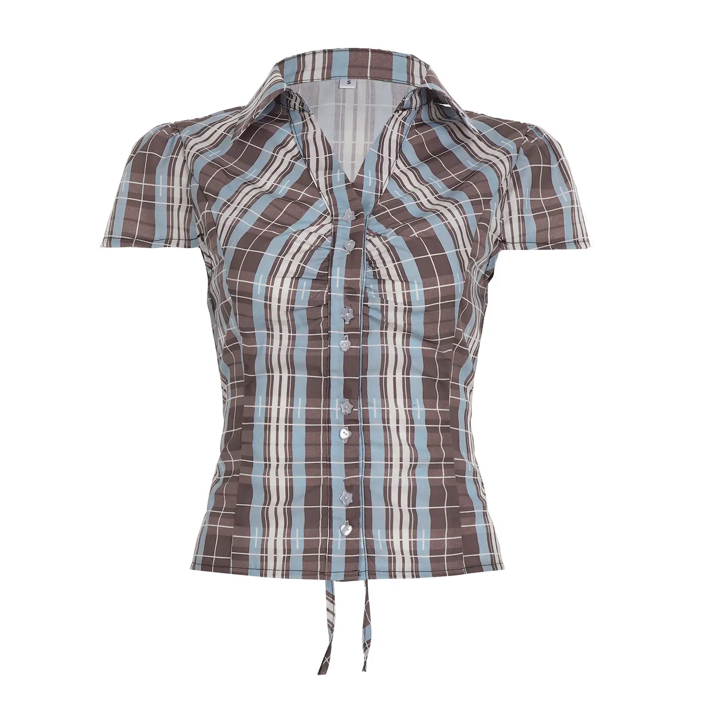 Womens Striped Contrasting Color Plaid Short-Sleeve Shirt