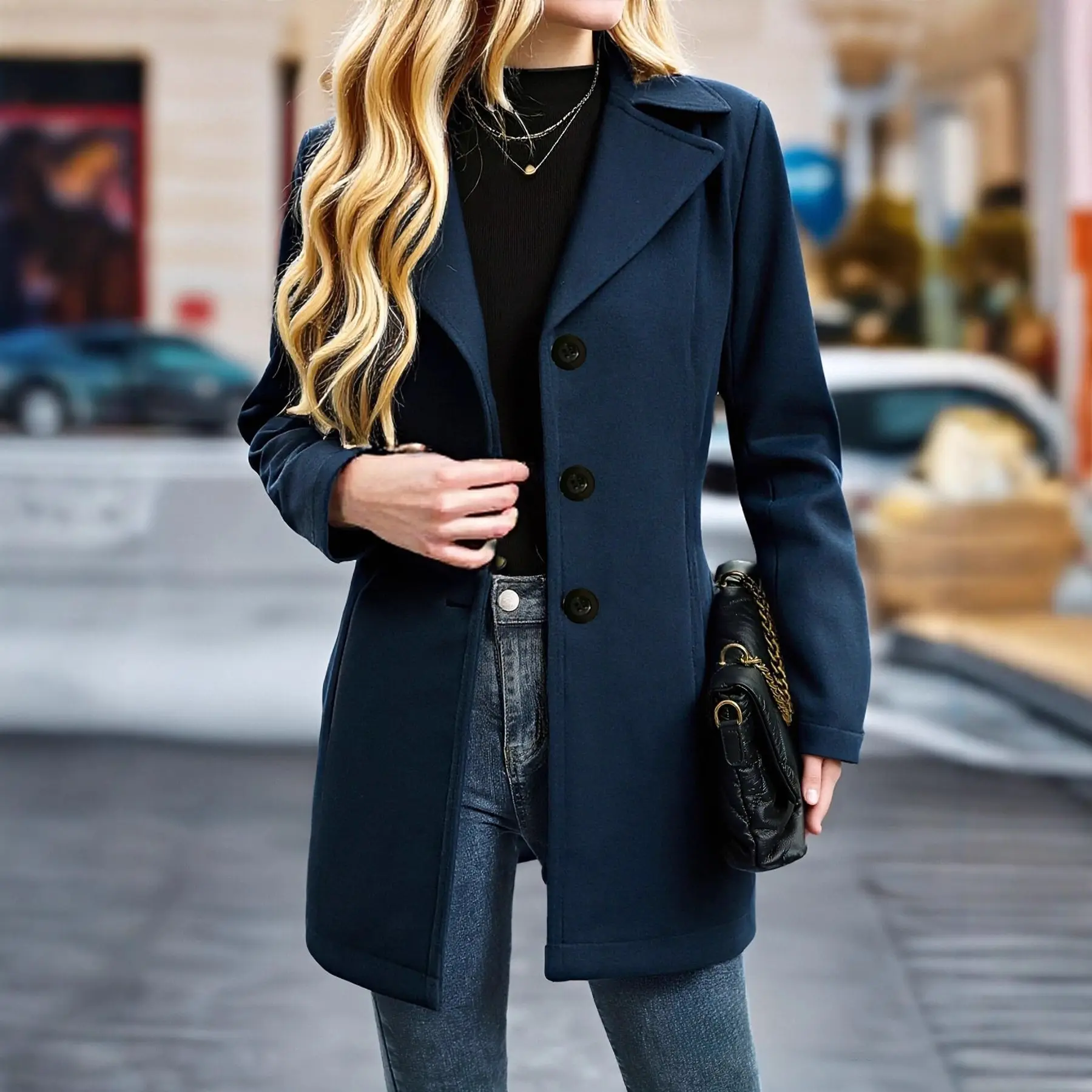 Womens French-Style Vintage Notch-Collar Wool Coat Relaxed
