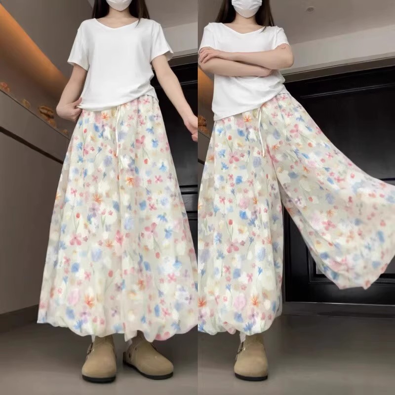 Short-statured Ice-silk Casual Loose-fit Floral Wide-leg Pants