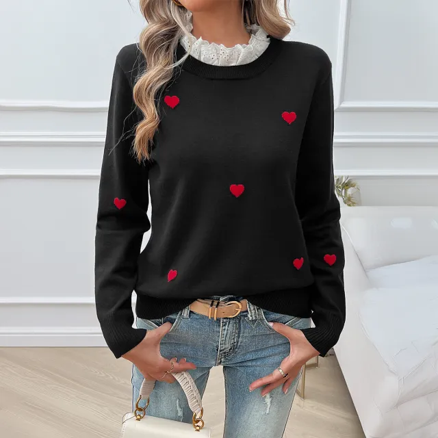Sweet Cute Style Embroidery Love Lace Collar Sweaters Black - Shop at LoveMi