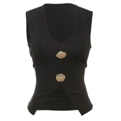 European And American Elegant Metal Fastener Decoration V-neck Sexy Cropped Tank Top - Tan - View 1
