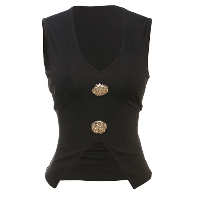 European And American Elegant Metal Fastener Decoration V neck Sexy Cropped Tank Top Tan - Shop at LoveMi