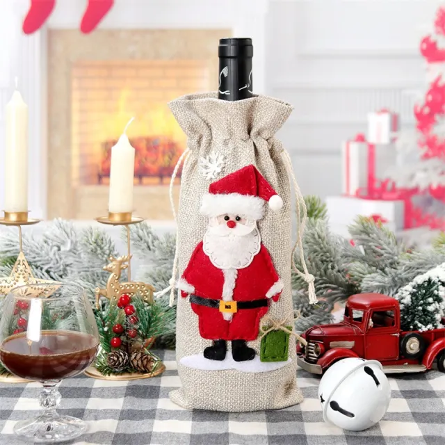 Christmas Holiday Decorations Linen Red Wine Bottle Bag Santa Claus - Shop at LoveMi