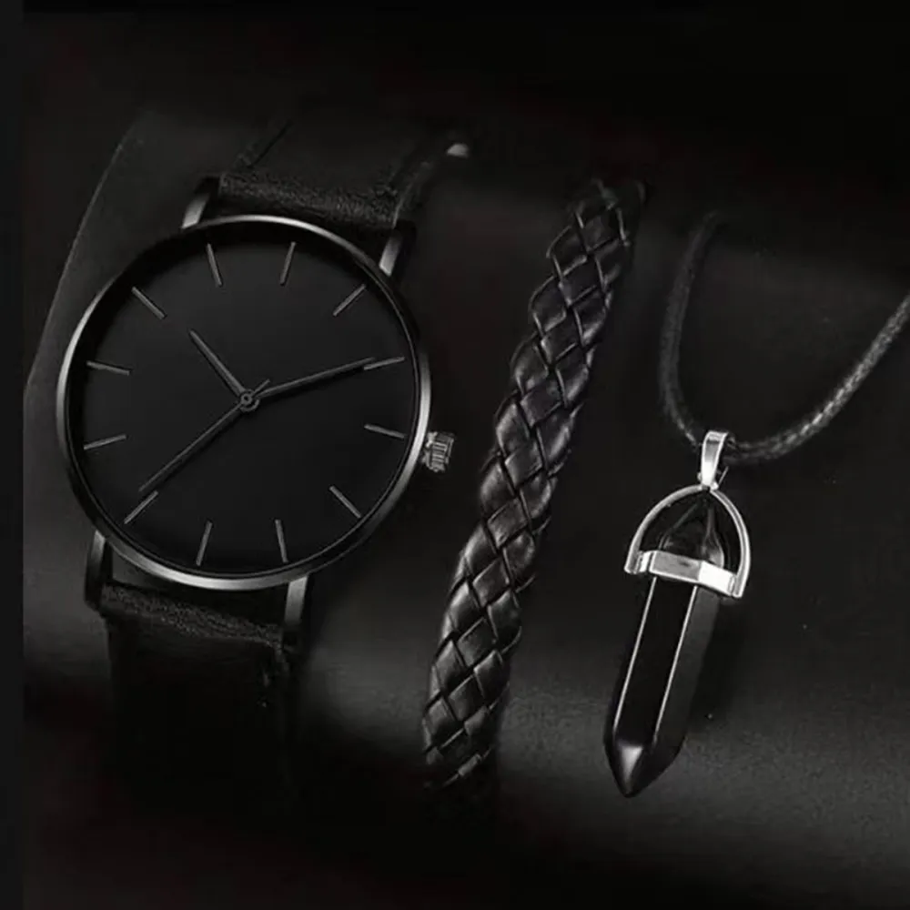 Men's Disc Watch With Rectangle And Beads Bracelet Three-piece Set