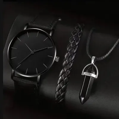 Men's Disc Watch With Rectangle And Beads Bracelet Three-piece Set