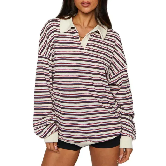 POIO Collar Loose Casual Long Sleeves Sweater Top Stripes - Shop at LoveMi