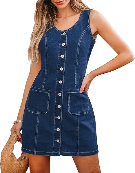 Casual Solid Color Sleeveless Mid length Waist Dress Dark Blue - Shop at LoveMi